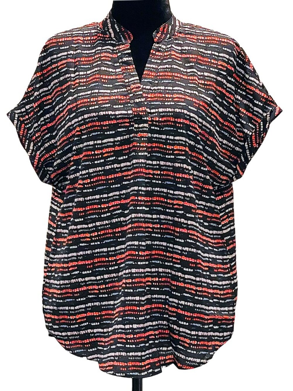 Striped Tunic Blouse Split Neck Flowy Black Coral Short Sleeve L NWOT